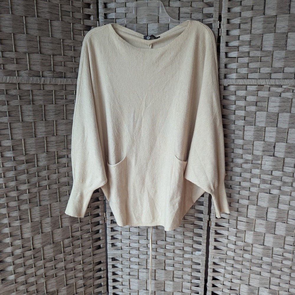 Made in Italy Knit Sweater Beige Batwing Back Lace Up Sz S Soft Cozy Lagenlook